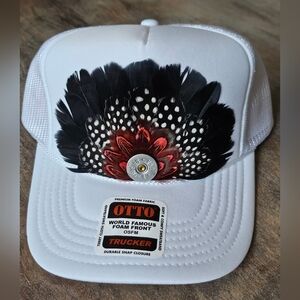 NWT White Custom OTTO White Trucker Hat with Red And Black Feather Crown